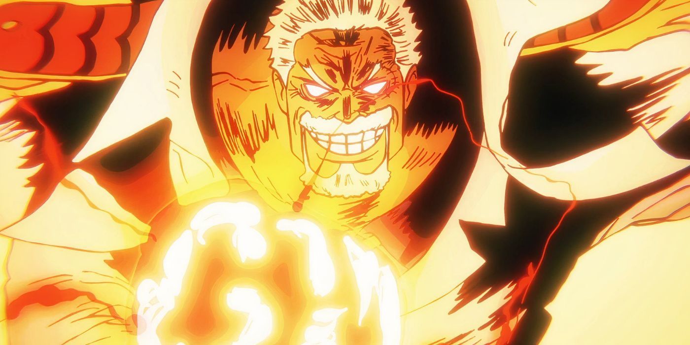 Garp smiling with a glowing fist about to punch in One Piece.