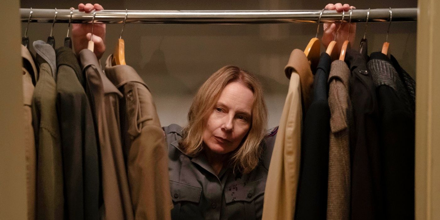 Amy Ryan standing in a closet in Only Murders in the Building Season 4