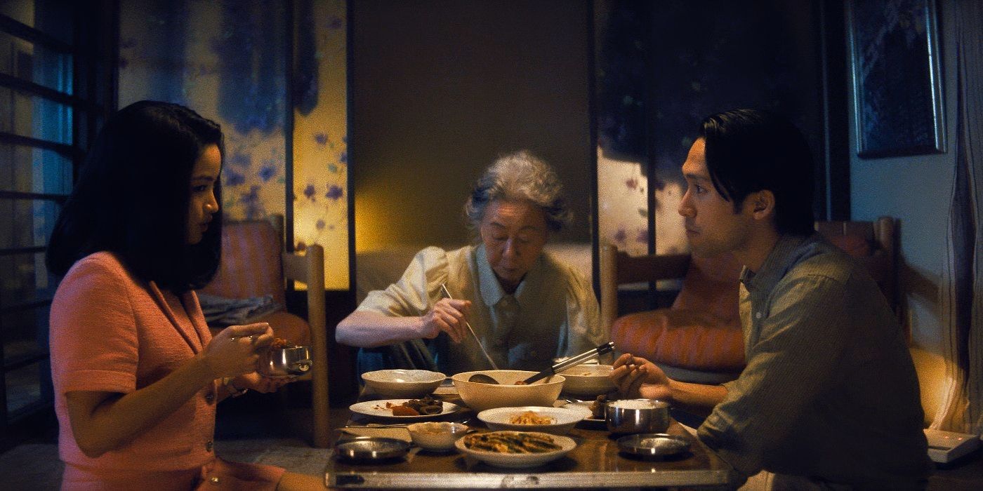 Anna Sawai, Yuh-Jung Youn and Jin Ha eating a meal in Pachinko Season 2 Episode 4