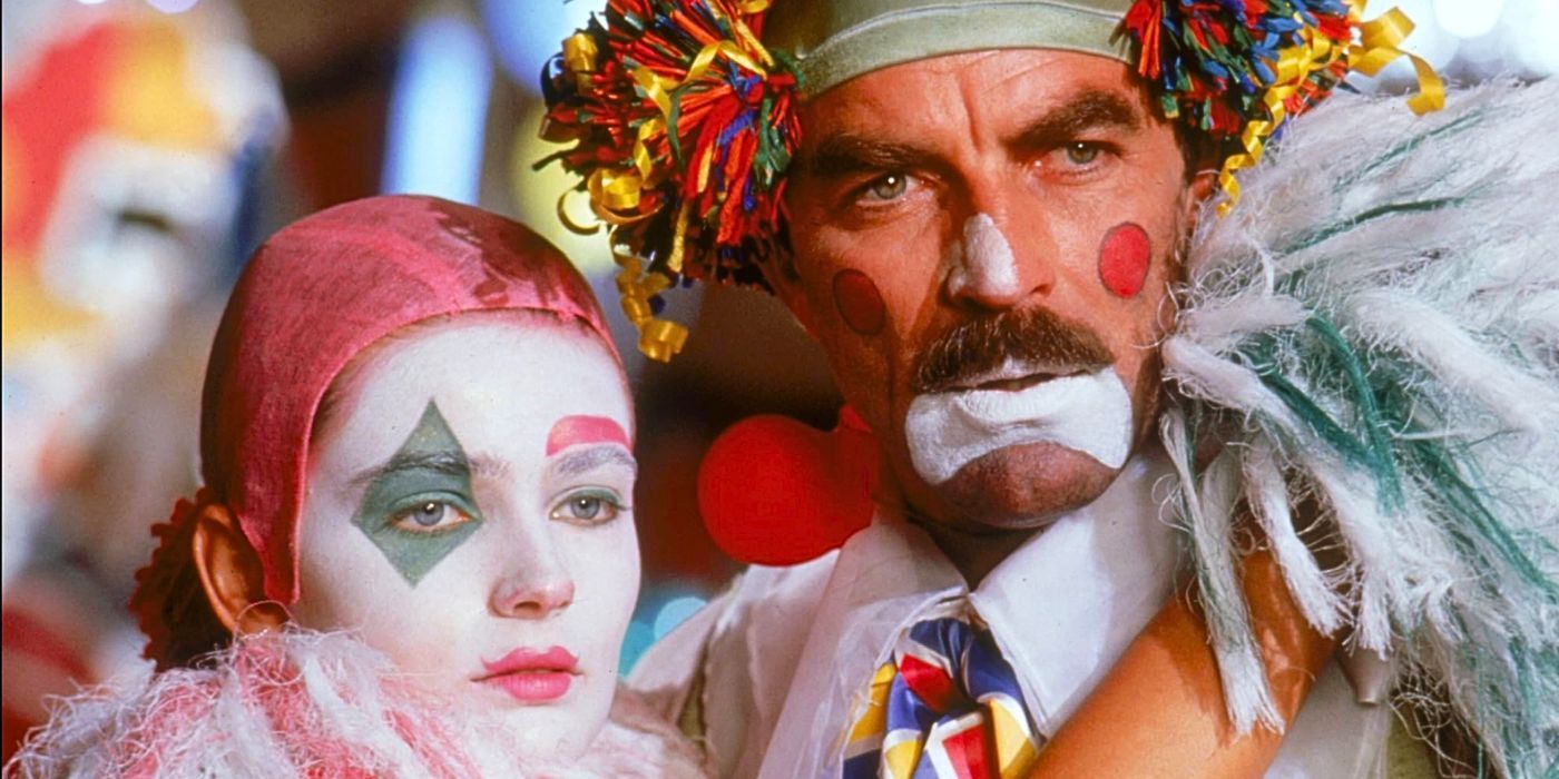 Paulina Porizkova embraces Tom Selleck as they look off-camera while dressed as clowns in Her Alibi.