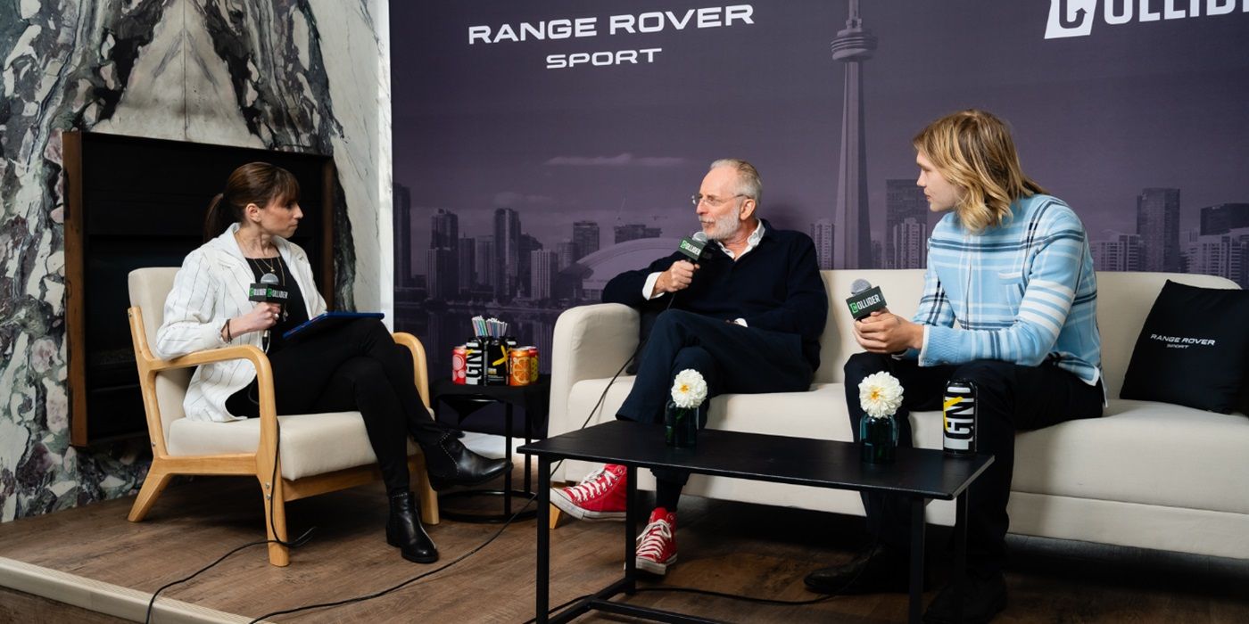 Perri Nemiroff, Uberto Pasolini, and Charlie Plummer sitting down for a chat at the Collider interview studio at TIFF 2024