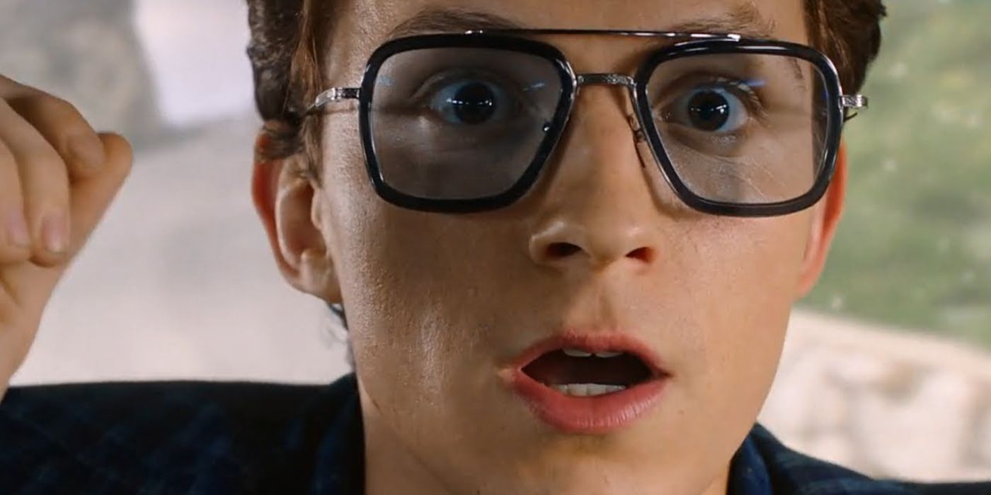 Peter Parker looking shocked in Stark glasses in Spider-Man: Far From Home