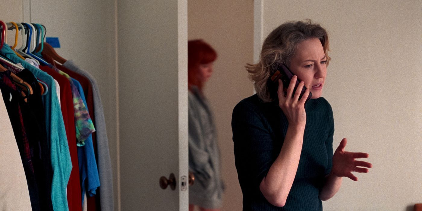 Carrie Coon talking on phone in His Three Daughters