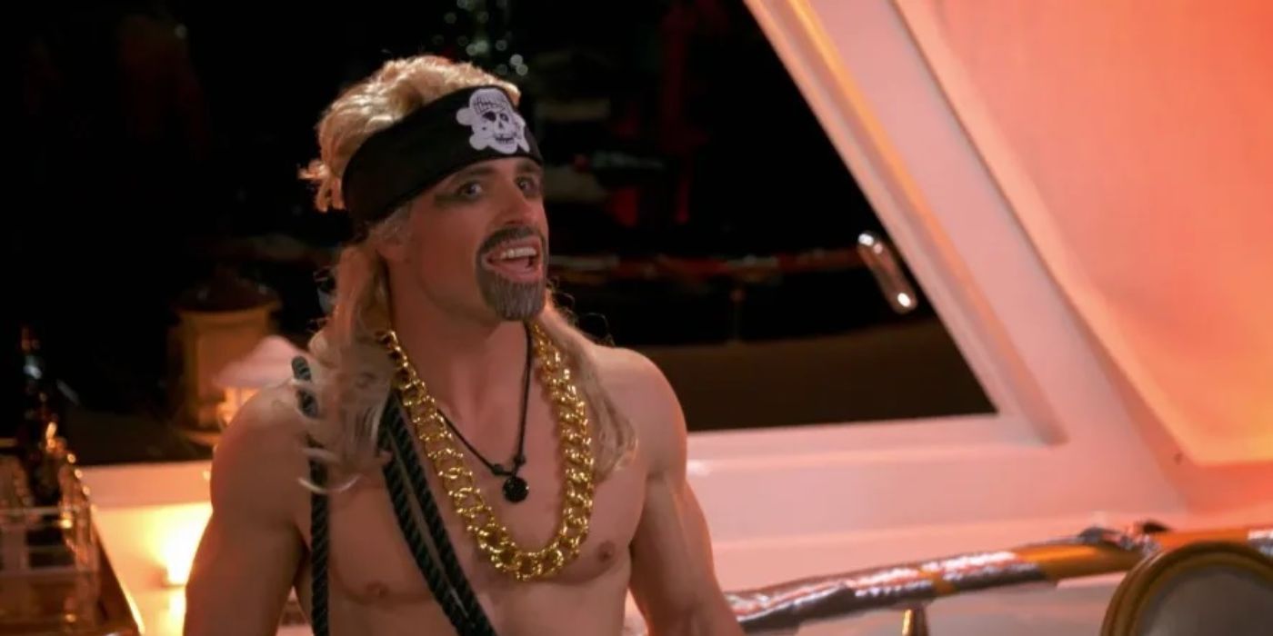 Culver dressed like a pirate with a skull bandanna and a gold chain around his neck on Below Deck Down Under.