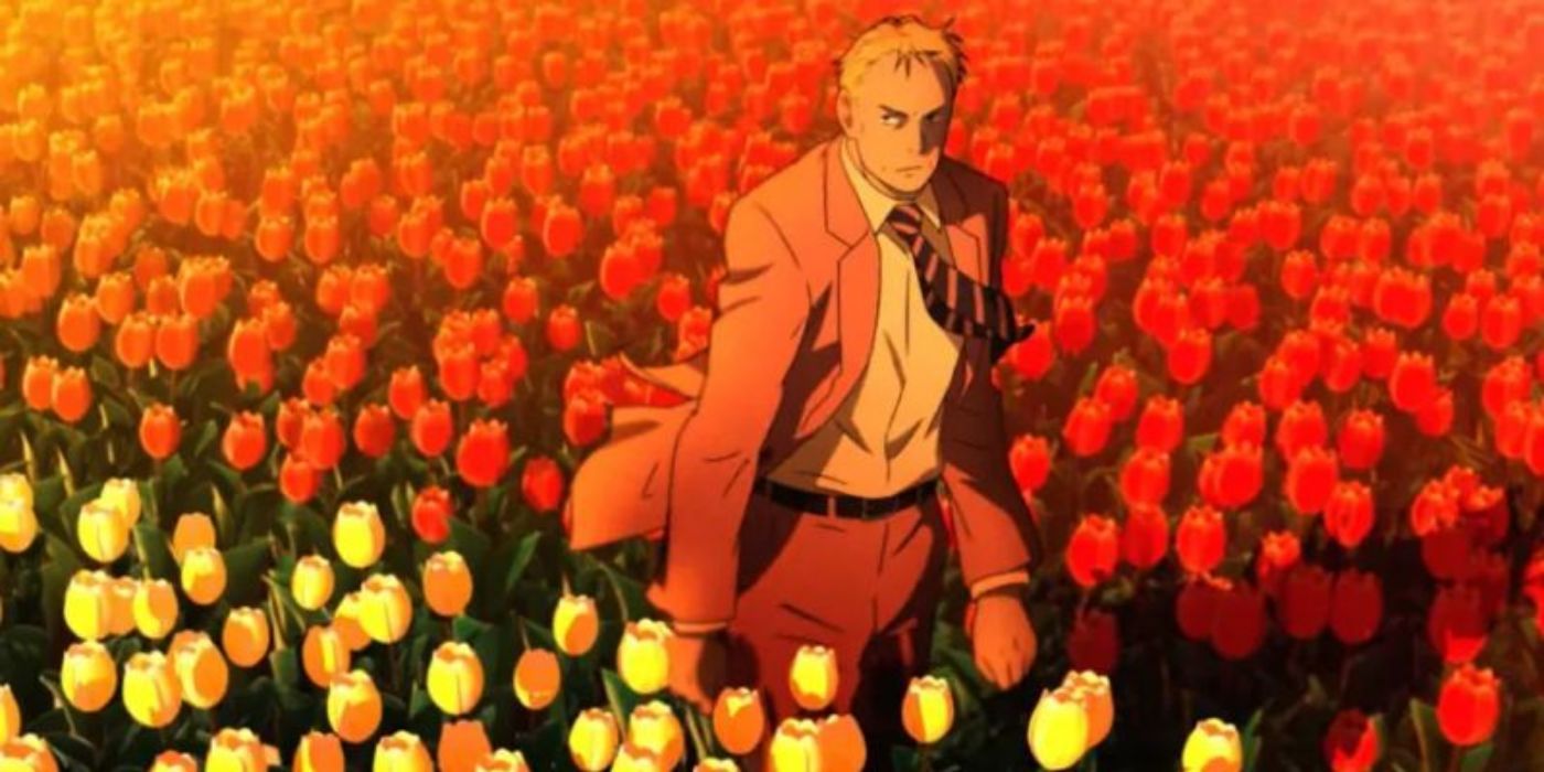 Gesicht walking through a field of red and yellow tulips in the anime Pluto