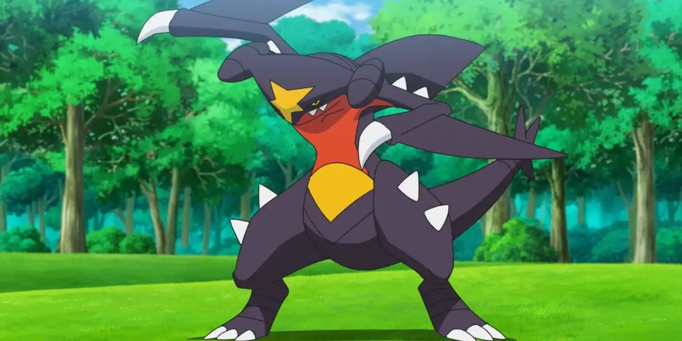 Cynthia&rsquo;s Garchomp ready to fight in an open field in the Pokémon anime