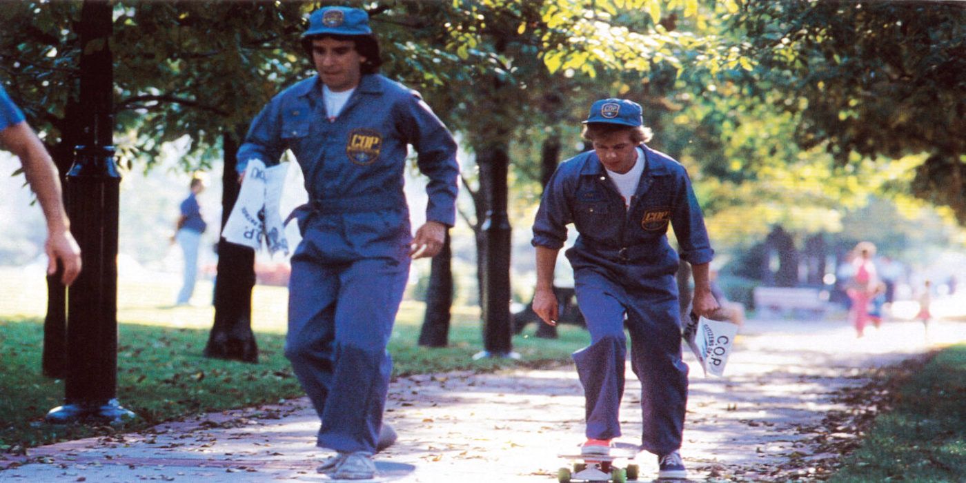 David Spade and Brian Backer skateboarding in Police Academy 4