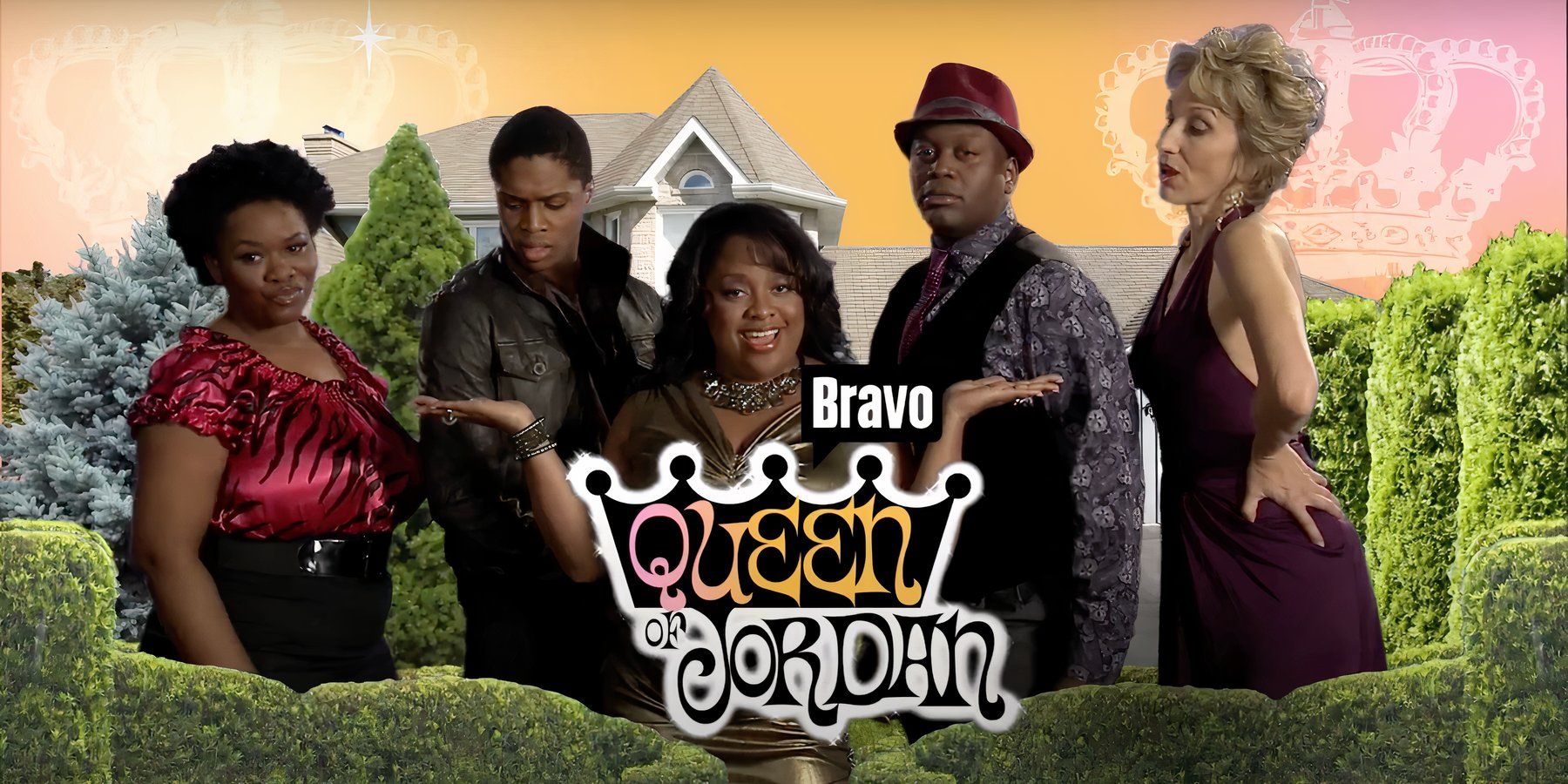 The title card of Queen of Jordan on 30 Rock shows cast members standing in front of a fancy house backdrop.