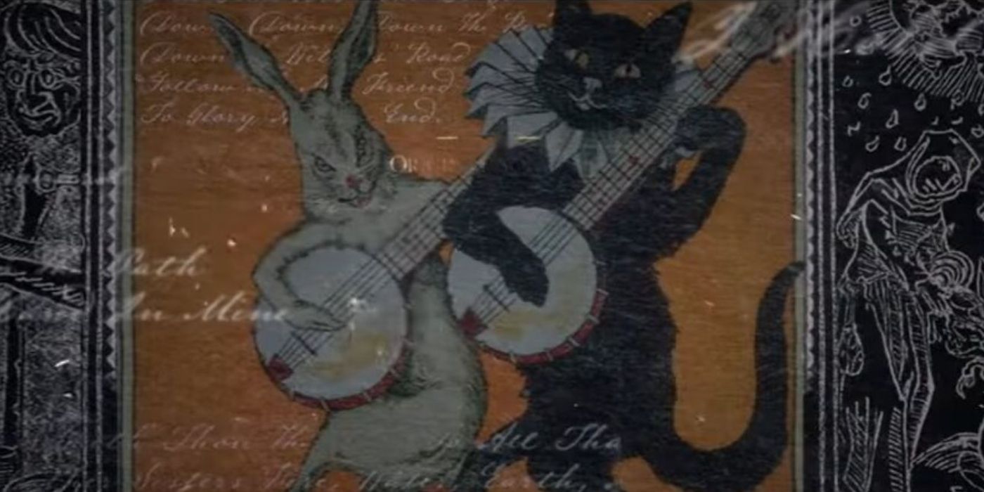 a drawing of a cat and rabbit playing the banjo