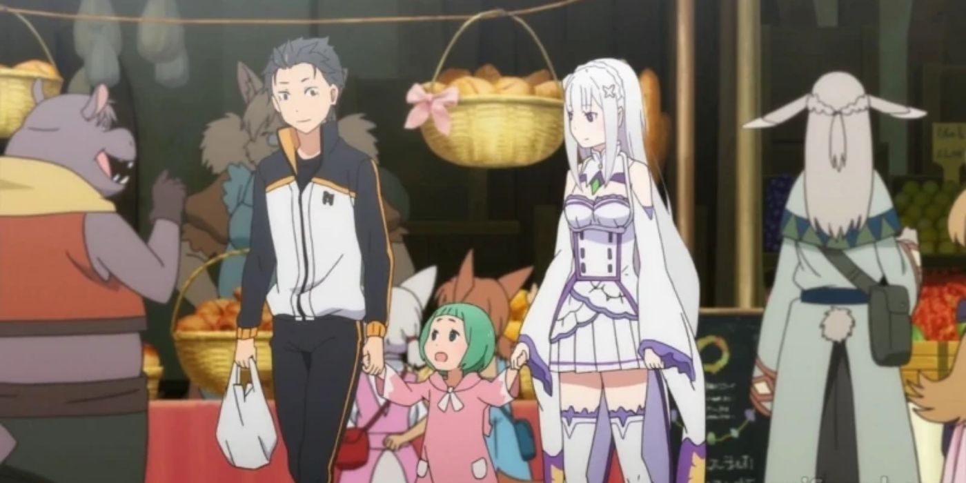 Plum holding Subaru and Emilia's hands in a market in Re:Zero