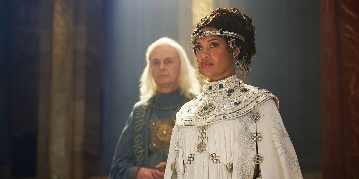 Cynthia Addai-Robinson wearing a white coronation dress in The Rings of Power Season 2 Episode 3