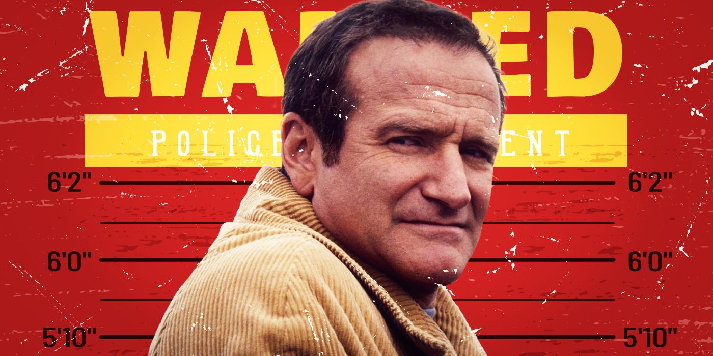 Robin Williams from Homicide: Life on the Streets in front of a police wanted sign