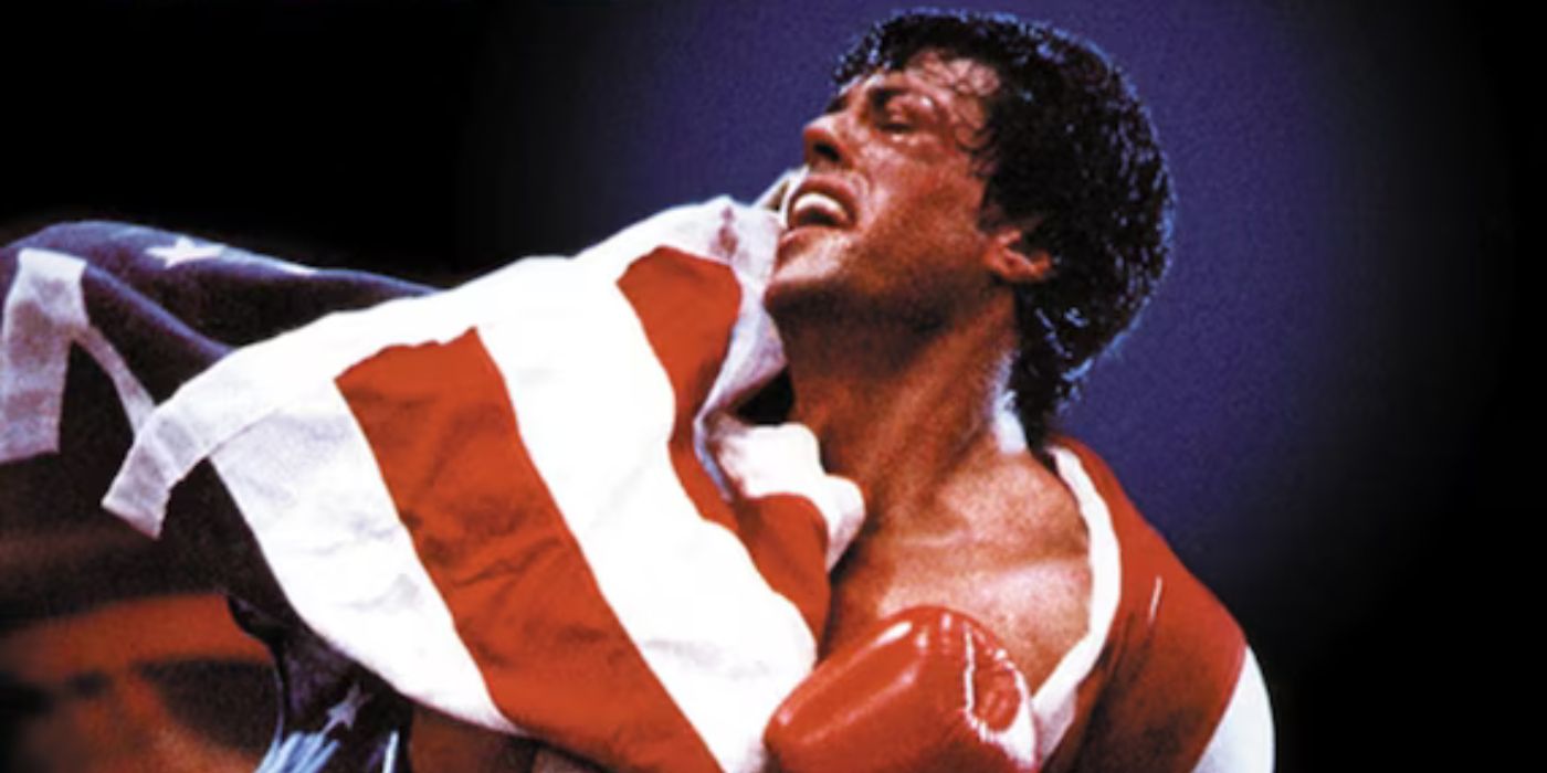 The Poster for Rocky IV shows Sylvester Stallone with a beaten and swollen face draped in the American flag.