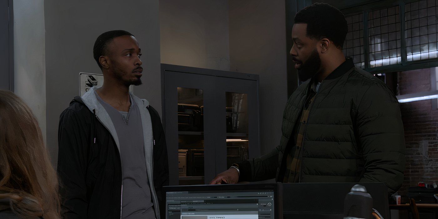 LaRoyce Hawkins as Kevin Atwater speaks to Petey McGee as his CI, Butchie, in the precinct in Chicago P.D.