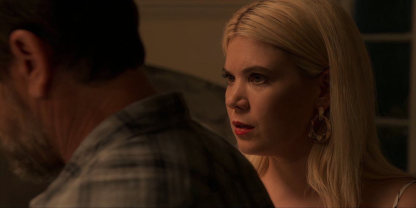 Caroline Arapoglou as Rose Cameron speaks to Charles Esten as Ward Cameron in Outer Banks.