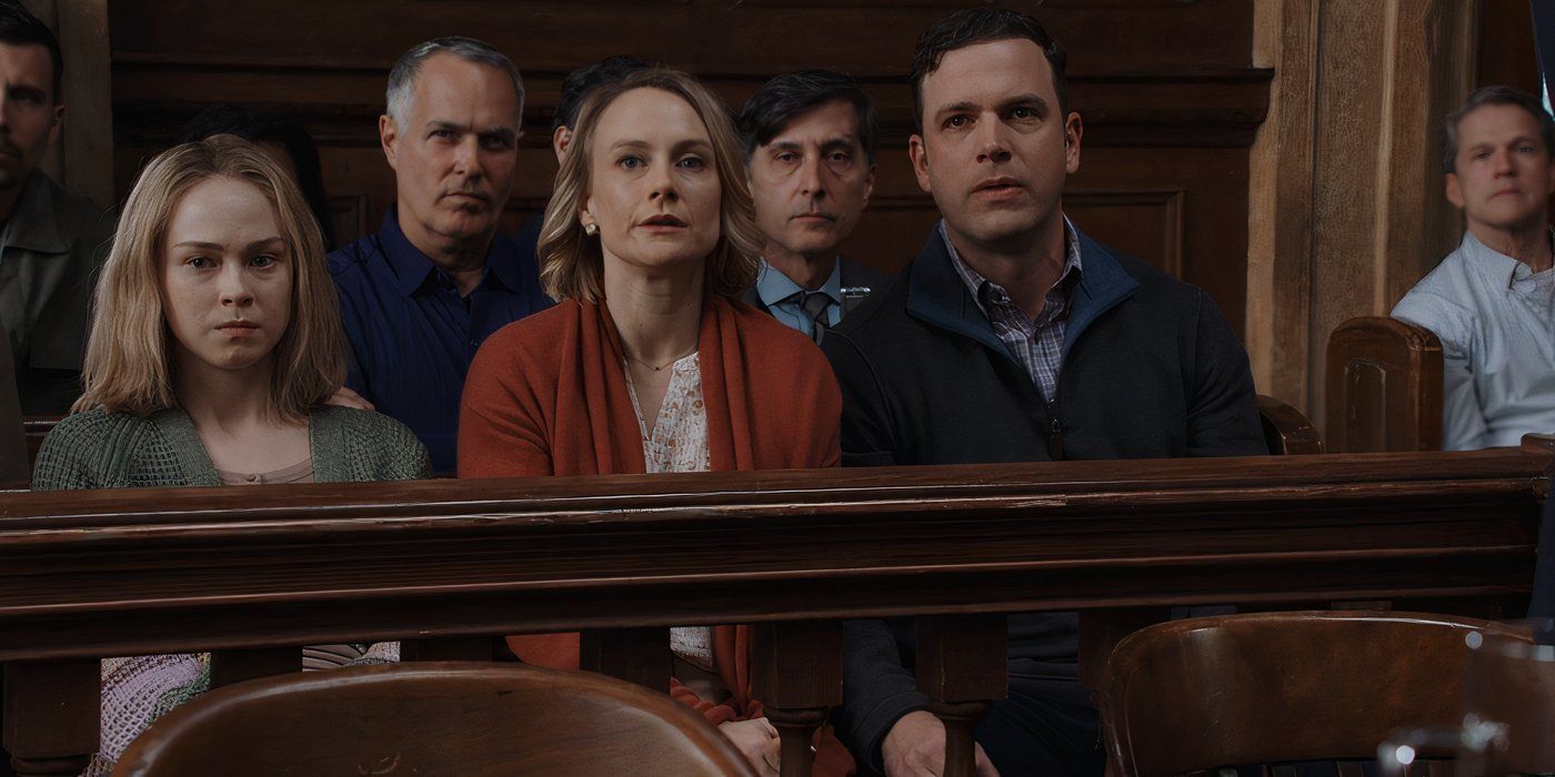 Maddie, Eileen, and Peter sit in court in Law &amp; Order: SVU.