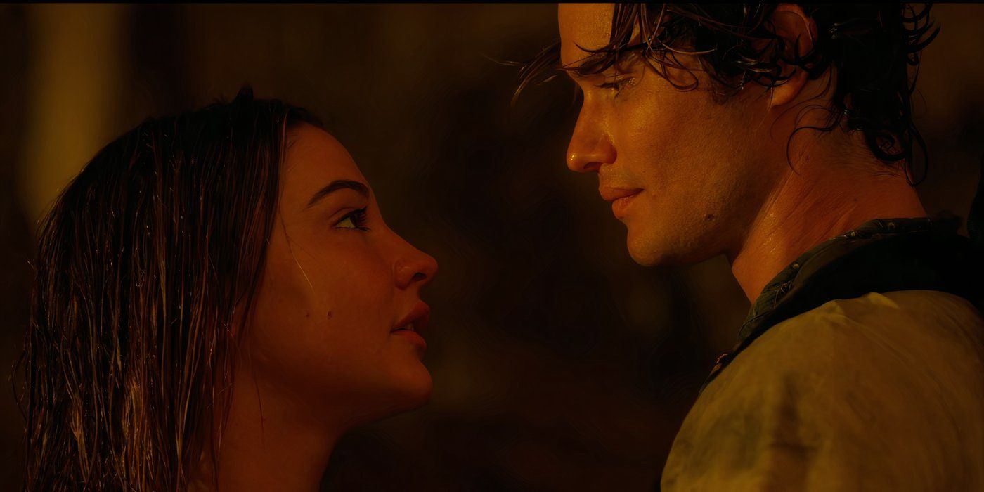 Madelyn Cline as Sarah Cameron and Chase Stokes as John B Routledge in Outer Banks.