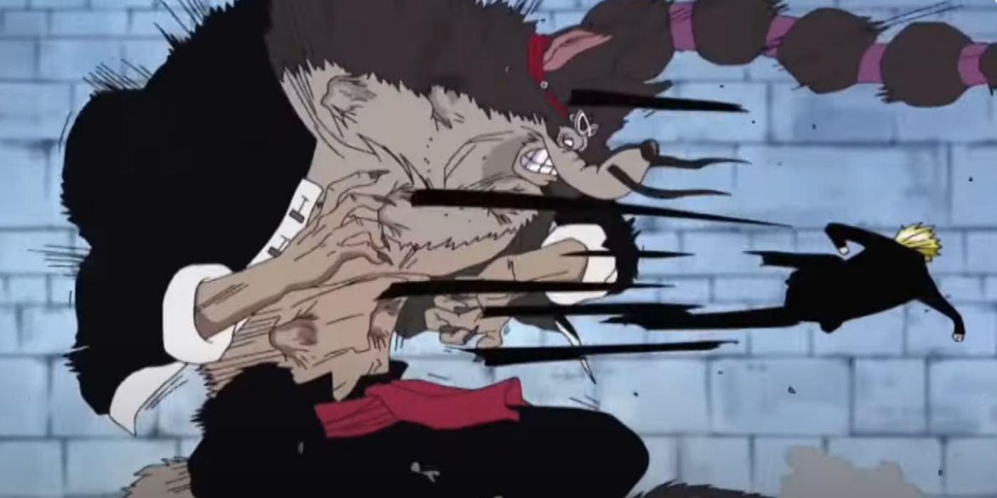 Sanji kicking Jabra&rsquo;s wolf form repeatedly in One Piece