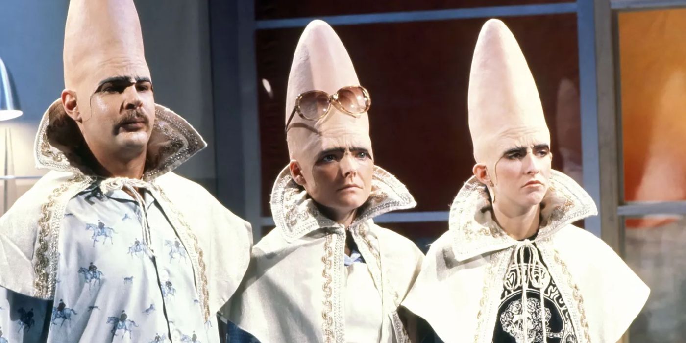 Dan Aykroyd, Jane Curtin, and Laraine Newman as The Coneheads in Saturday Night Live