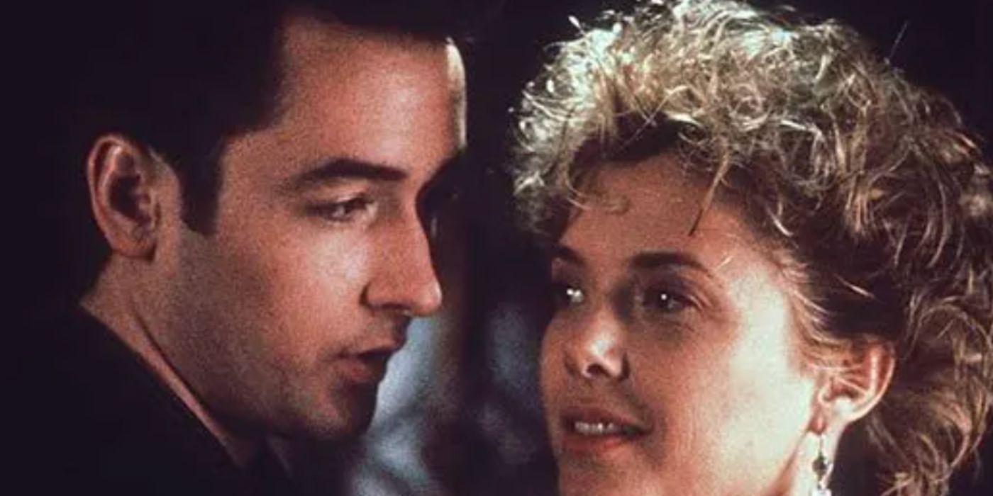 John Cusack and Annette Bening as Roy and Myra smiling at each other in 'The Grifters'