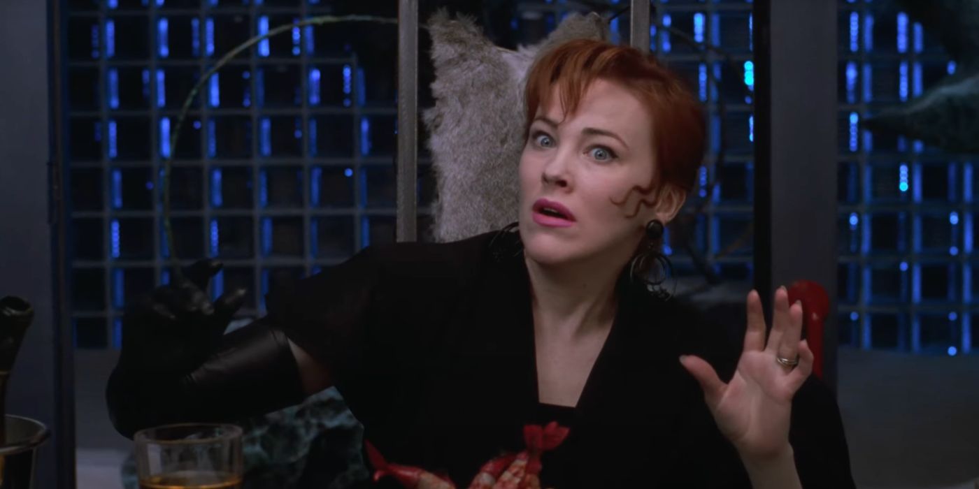 Delia Deetz (Catherine O'Hara) gets possessed for a musical number in Beetlejucie (1988).