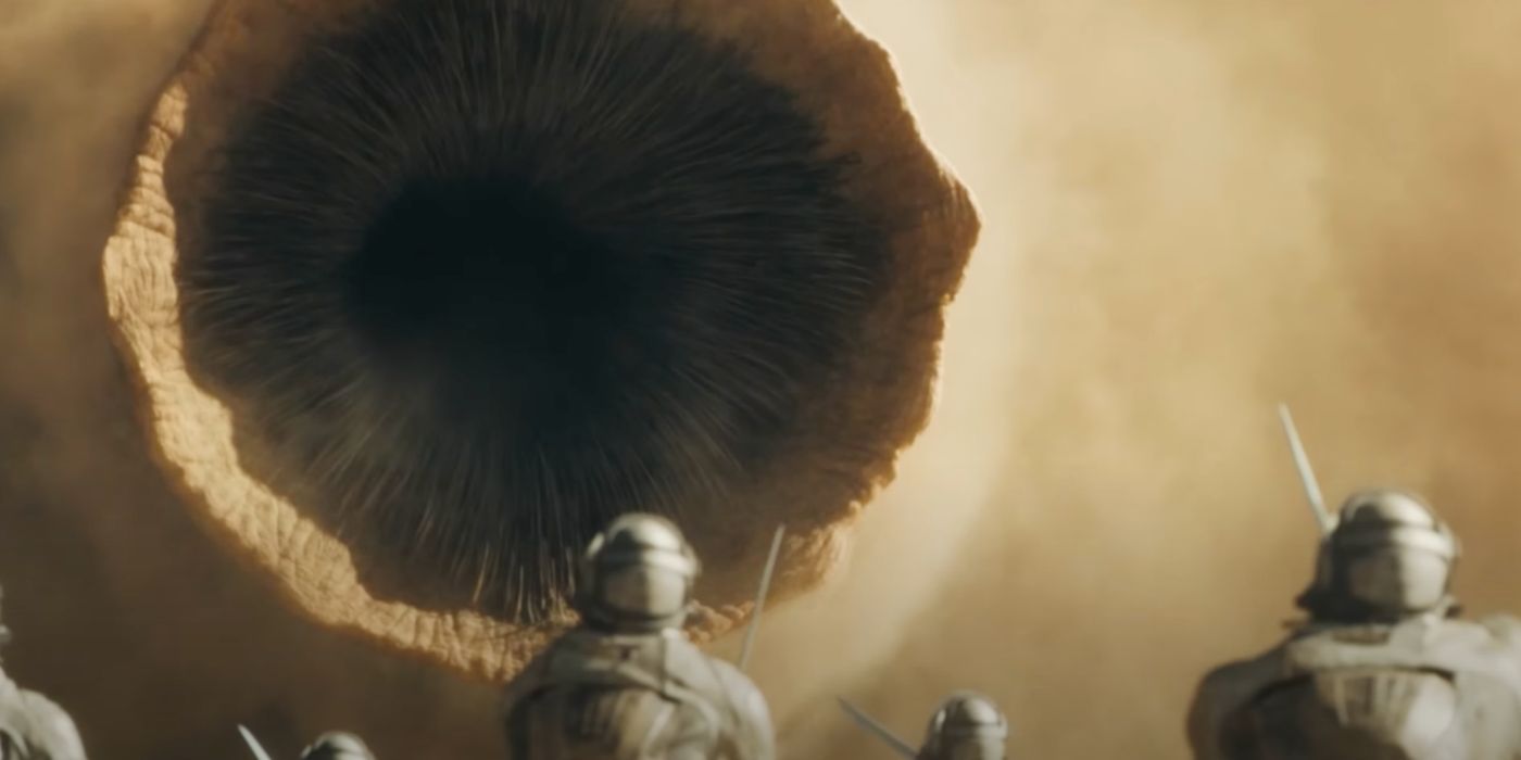 The Fremen ride the Sandworm into battle in Dune: Part Two (2024).