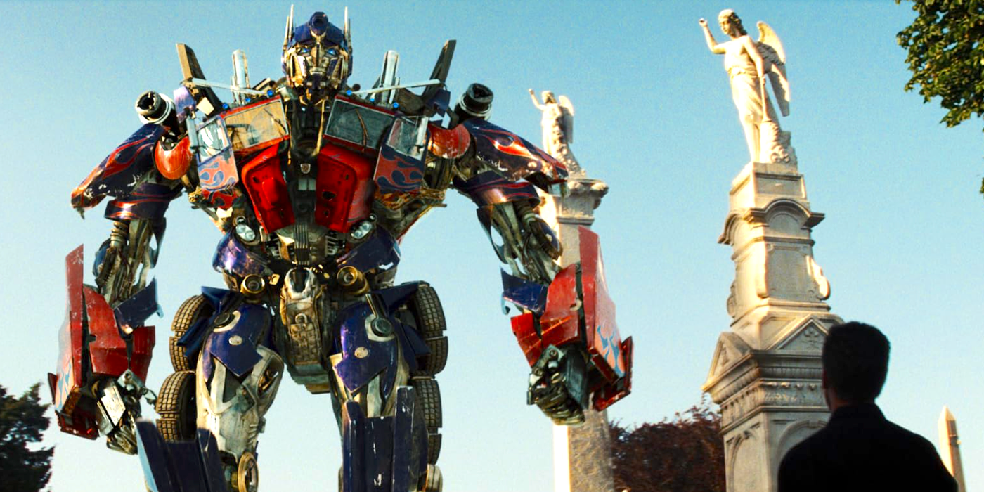 Optimus Prime looking down at Sam Witwicky in Transformers: Revenge of the Fallen