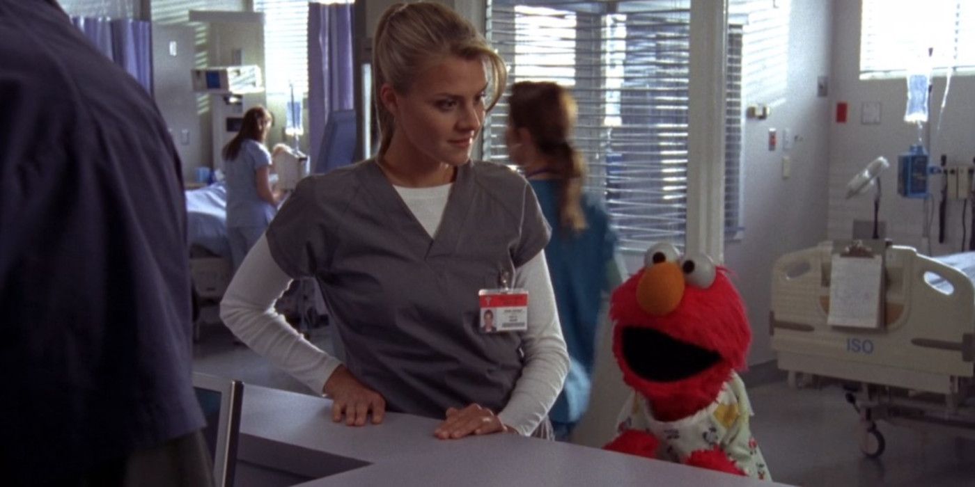 Elmo teaches Denise about patient care on Scrubs