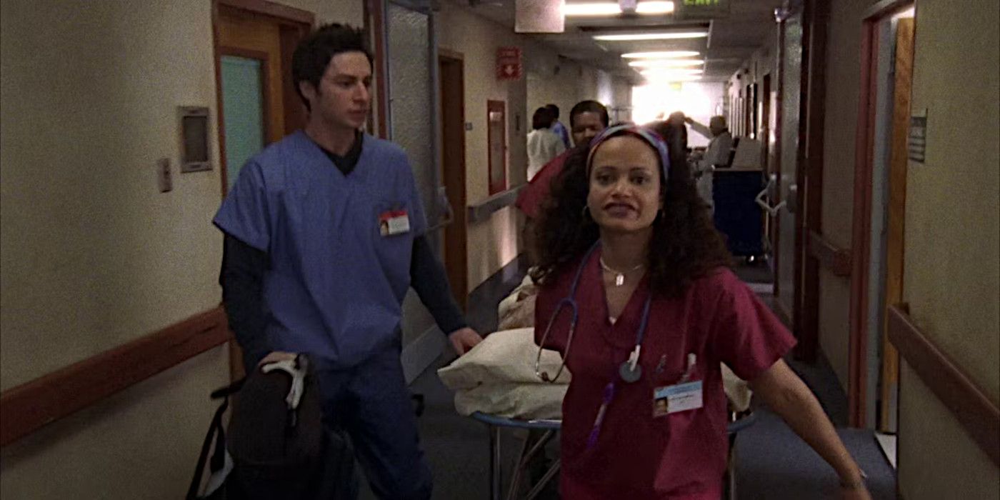 JD struggles to keep up with nurse Carla on Scrubs.