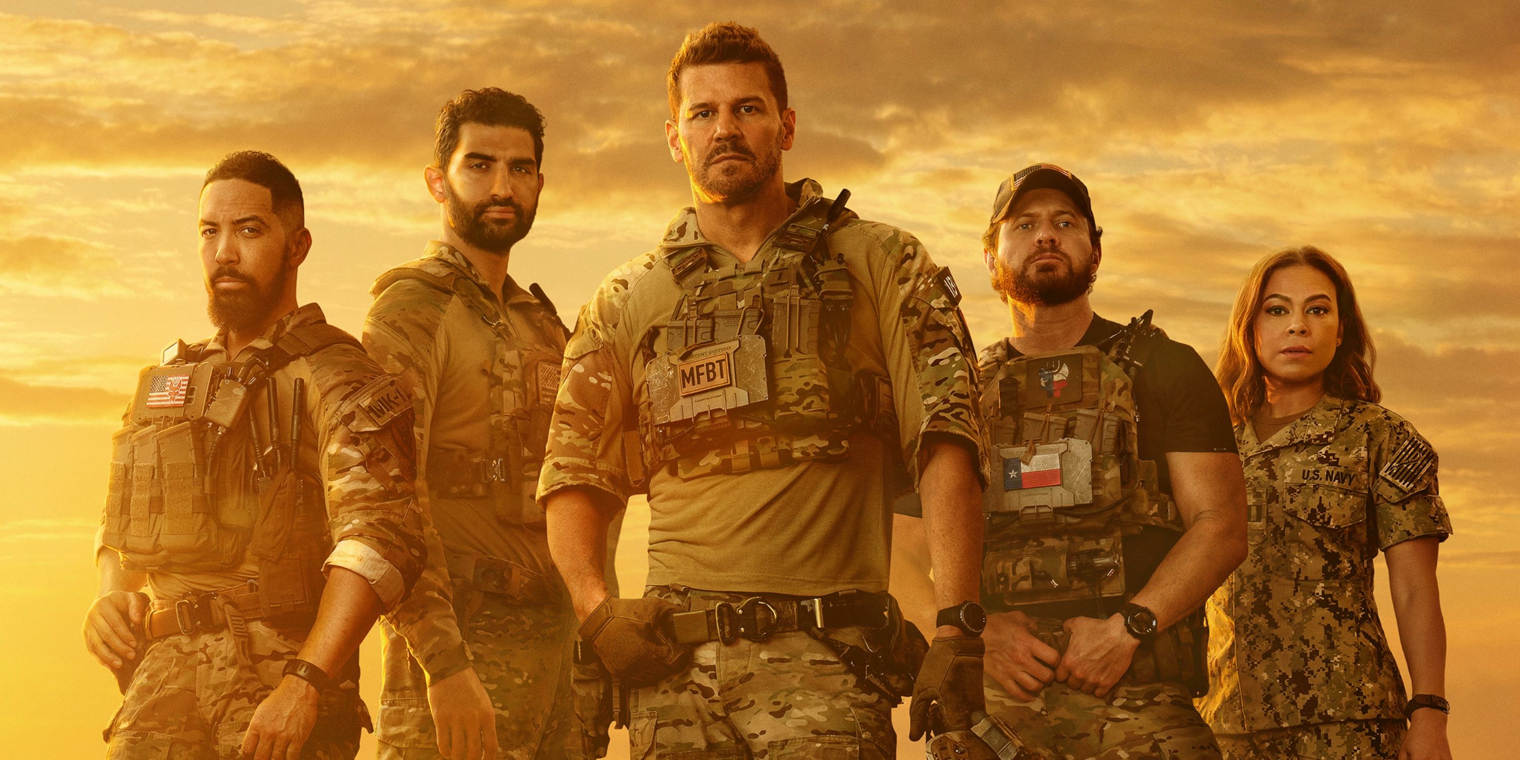 BRAVO team featuring David Boreanaz as Jason Hayes in the center of the poster for Season 7 of SEAL Team