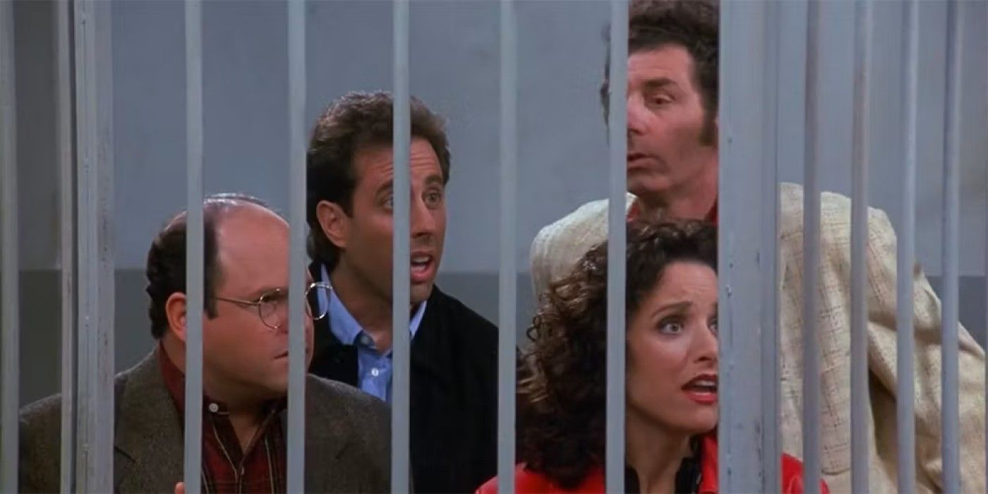 George, Jerry, Kramer, and Elaine in a jail cell during the Seinfeld series finale.