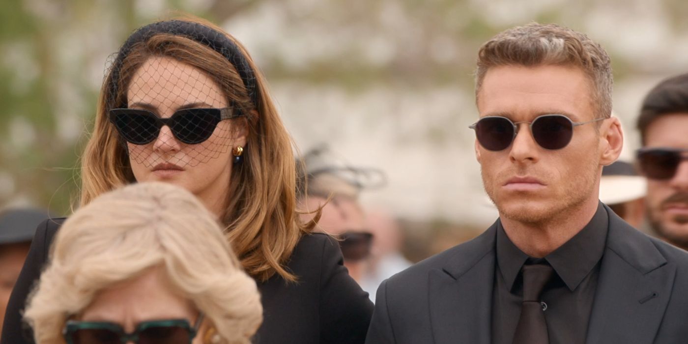 Shailene Woodley and Richard Madden at a funeral in Killer Heat.