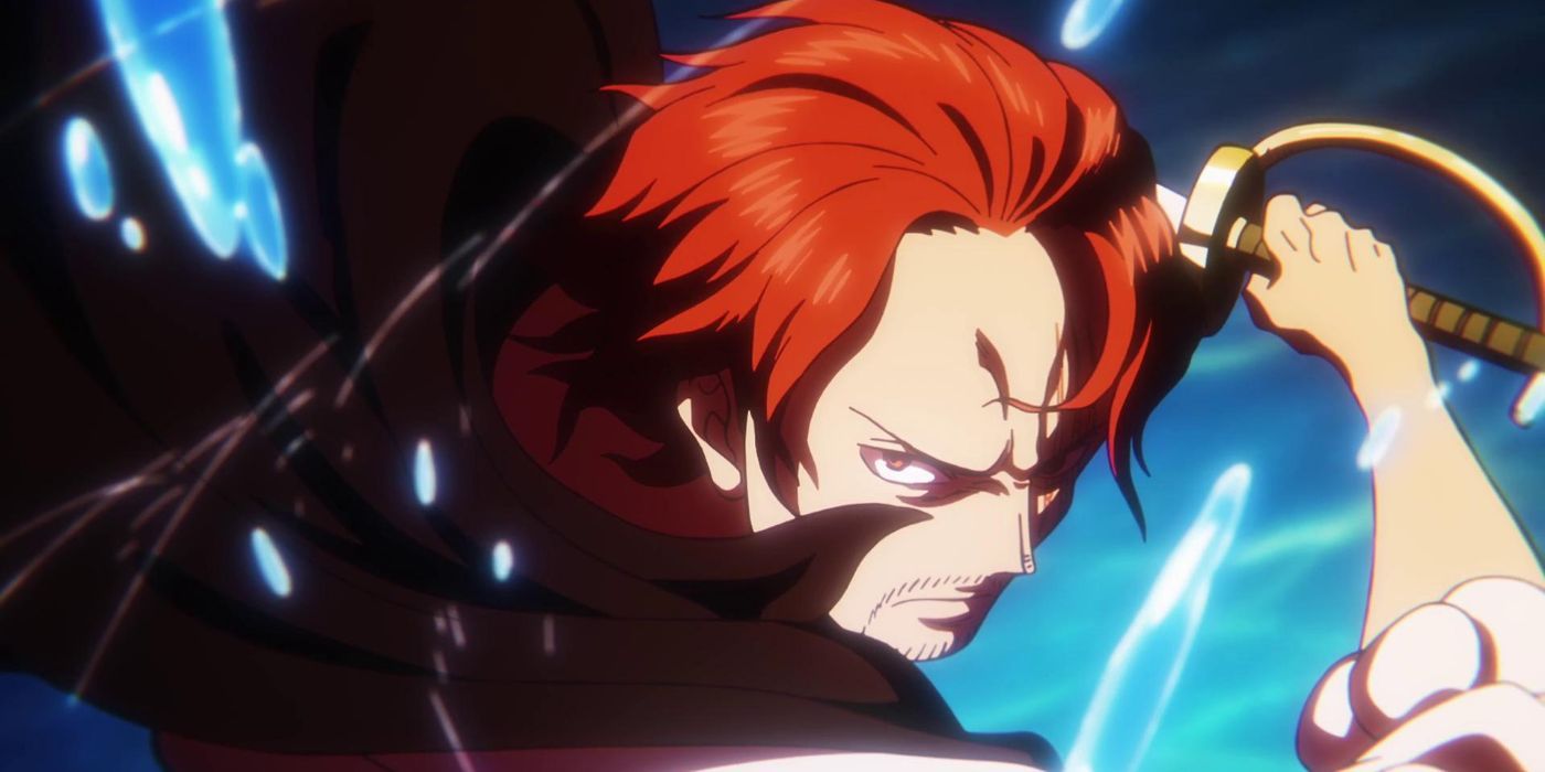 Shanks looking serious with water splashing around him in One Piece
