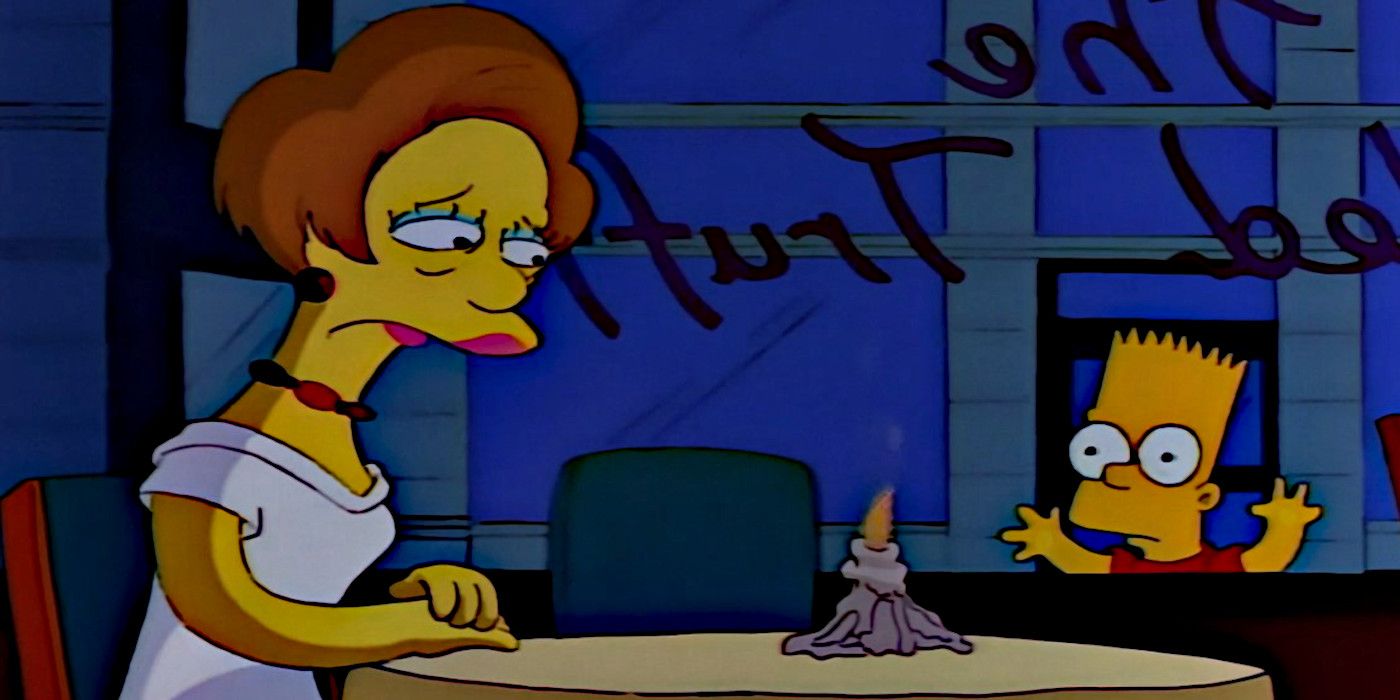 Edna Krabappel cries alone at a table while Bart watches
