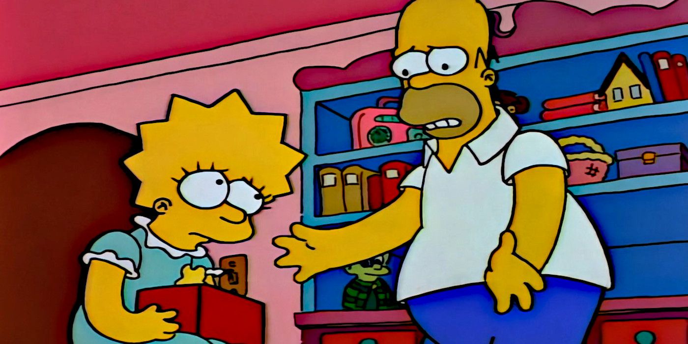 Homer Simpson talks to a worried Lisa in her room in The Simpsons.