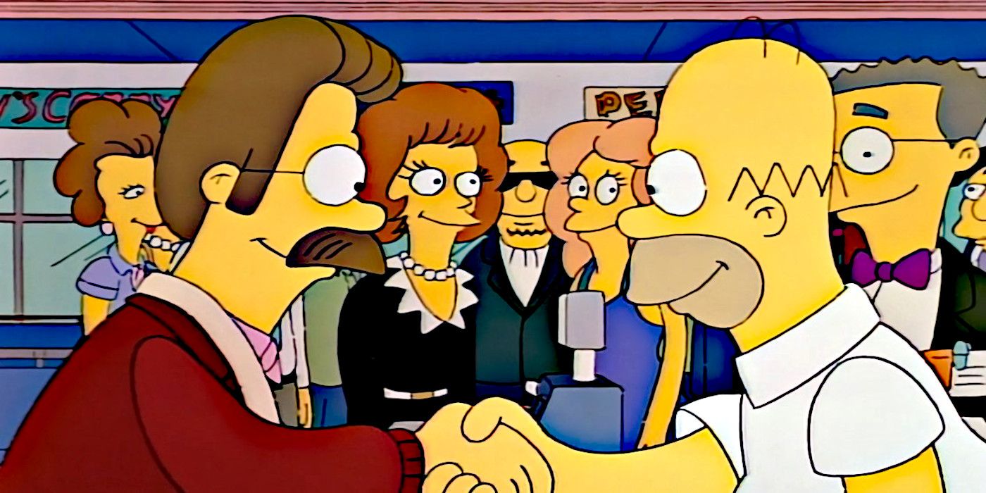 Homer Simpson and Ned Flanders shake hands in the Simpsons.