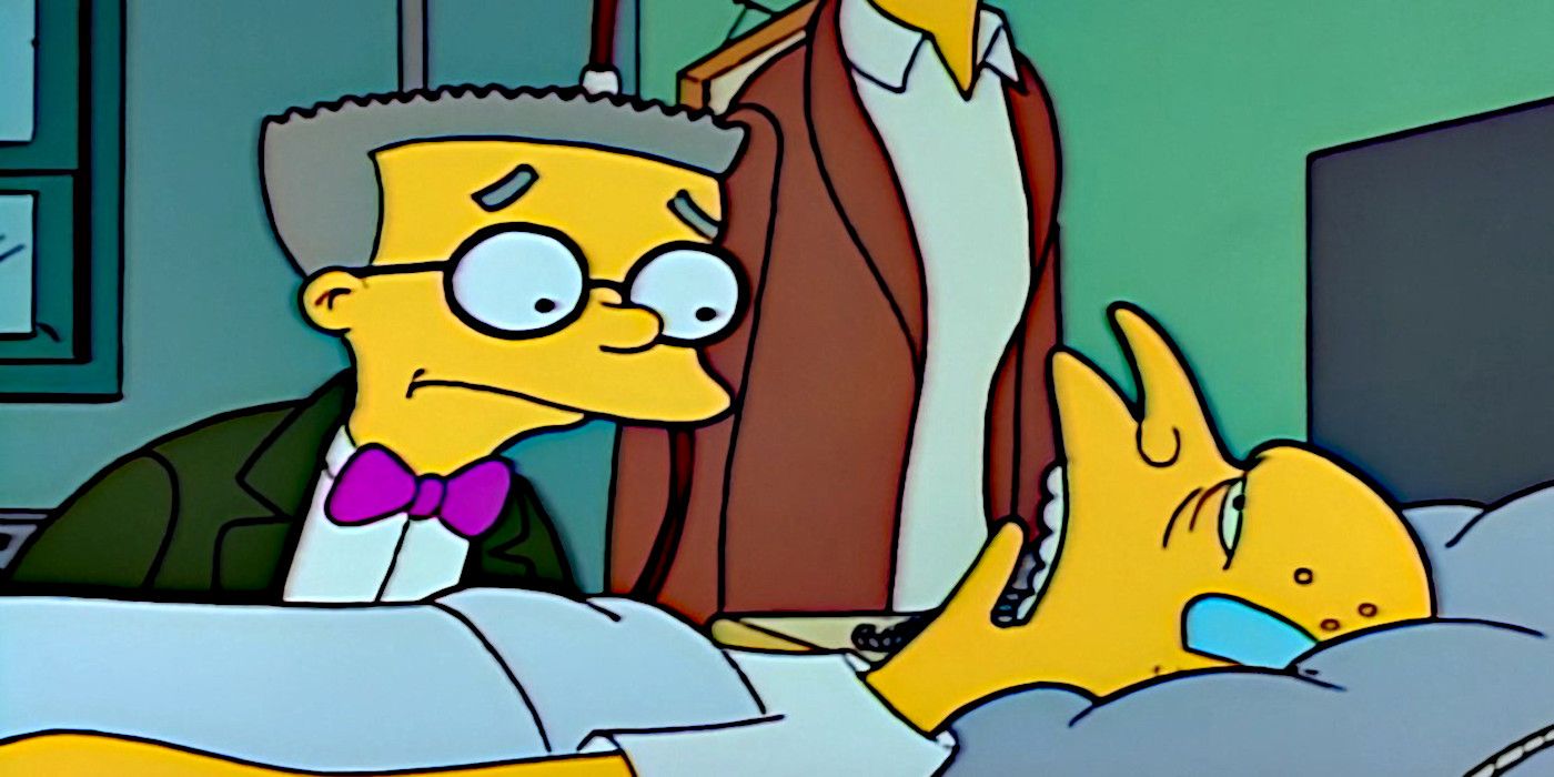 Waylon Smithers sits by Mr. Burns in the hospital in The Simpsons.