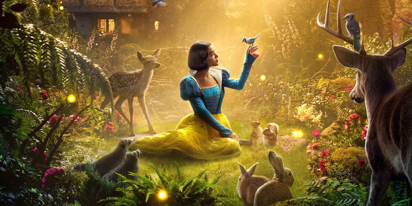 Rachel Zegler as Snow White sitting down in the forest surrounded by animals.