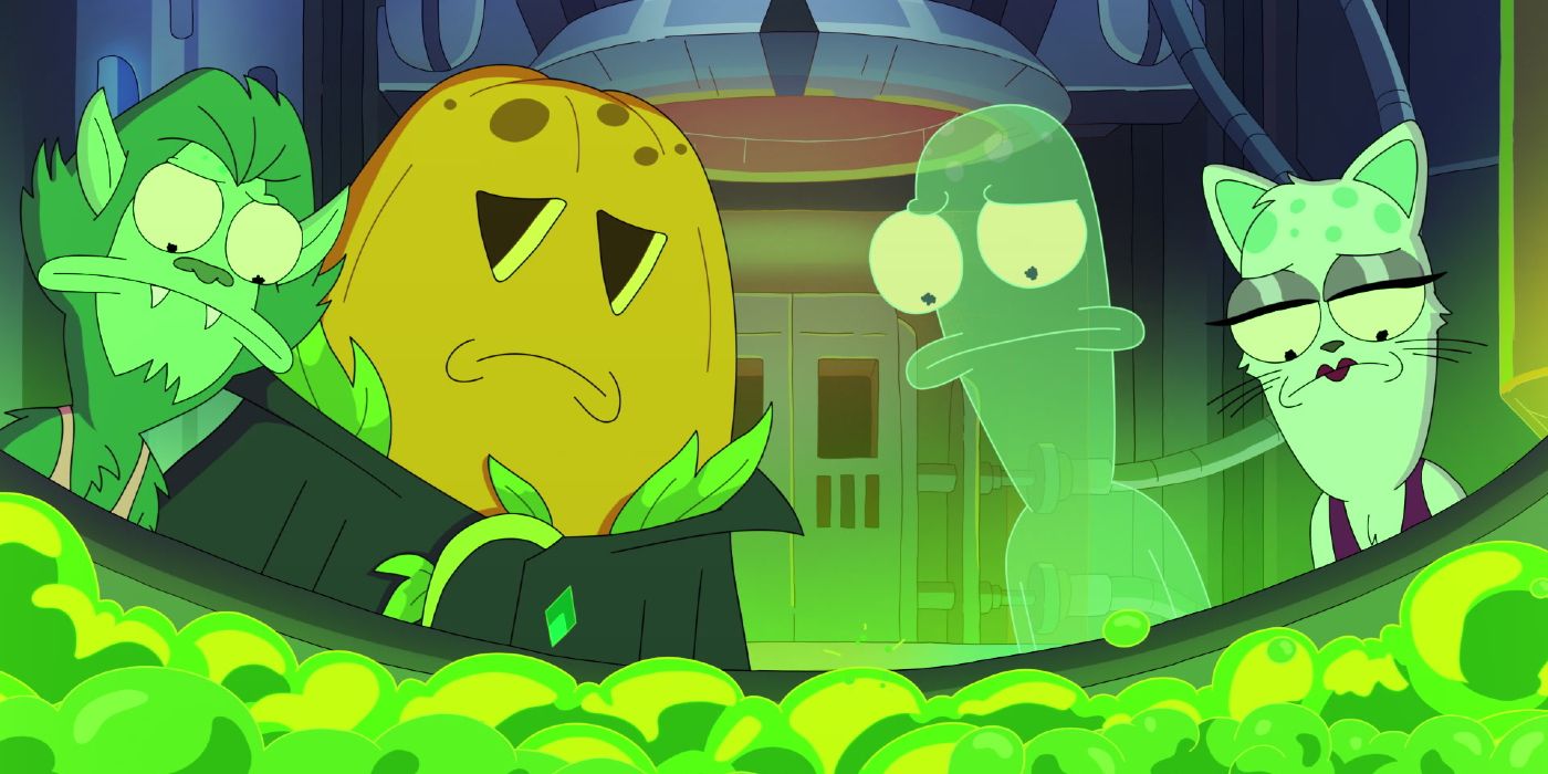 The transformed Shlorpians peering into a cauldron in the Solar Opposites Halloween special