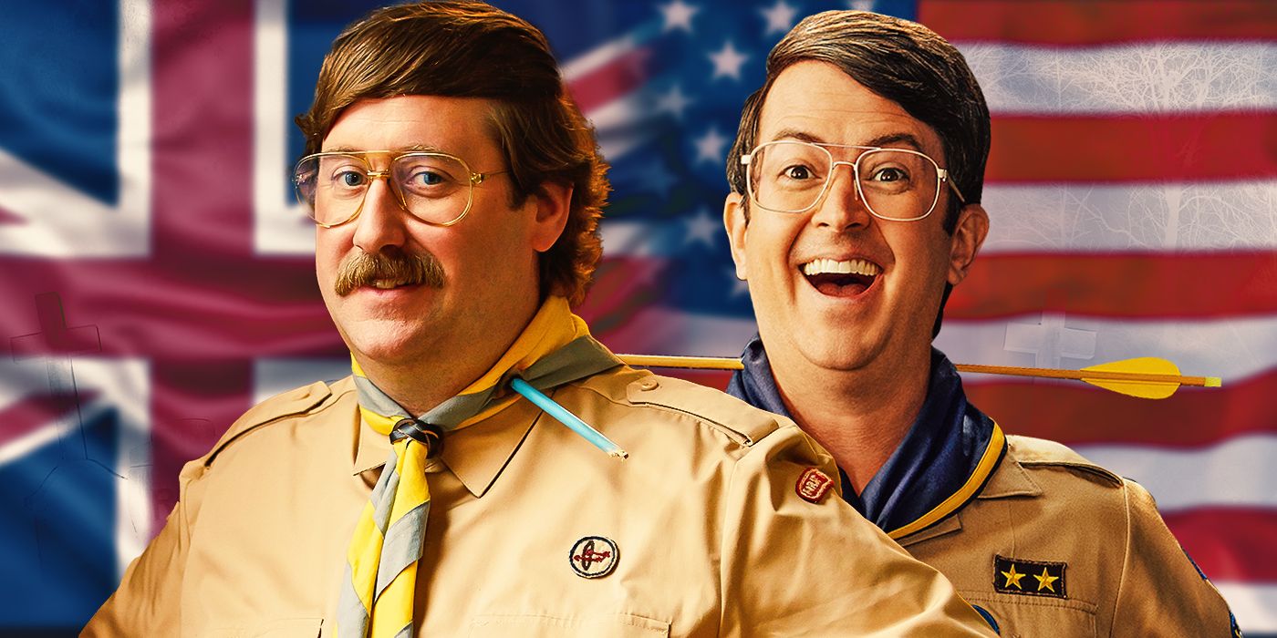 Jim Howick and Richie Moriarty both dressed in troop leader outfits in front of a US flag that's mixed with the UK flag