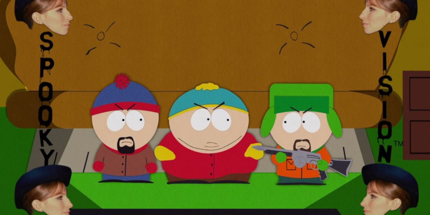 Cartman is surrounded by evil Stan and evil Kyle in South Park.