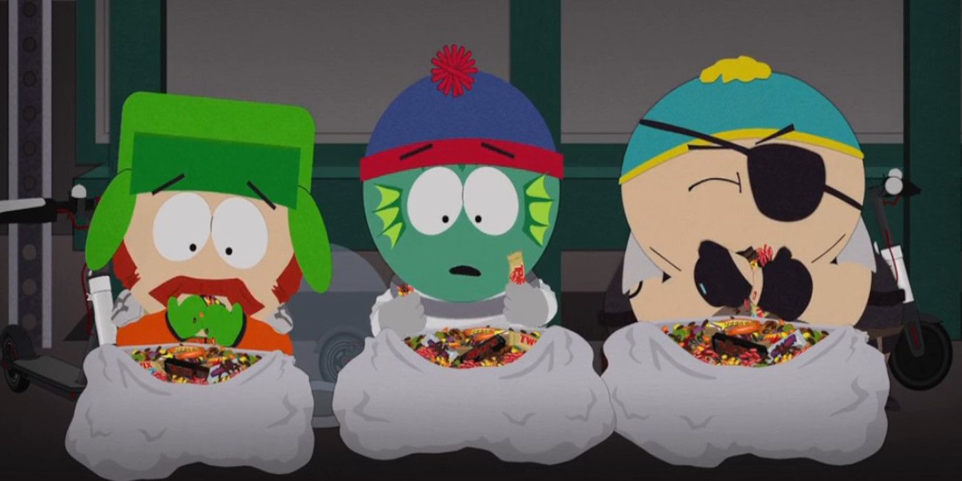 Kyle, Stan ve Cartman South Park'taki çantalarına yer açmak için şeker yerler.