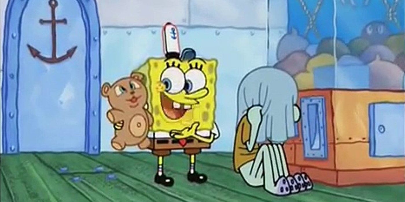 SpongeBob holds a teddy bear as Squidward sits on the floor with a bag over his head in SpongeBob Squarepants