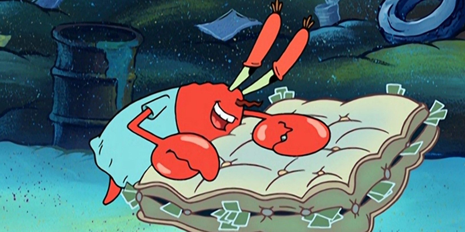 Mr. Krabs in a hospital gown caresses his mattress in SpongeBob SquarePants.