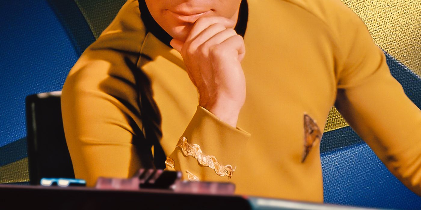 A custom image of a Starfleet officer in a yellow uniform propping his chin on his hand and leaning against his command chair in Star Trek: The Original Series