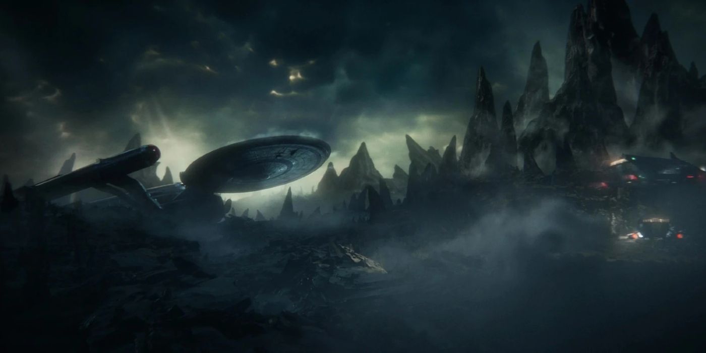 Star Trek: Strange New Worlds depicts a dark landscape with spikes and peaks and a spaceship landing on the ground.