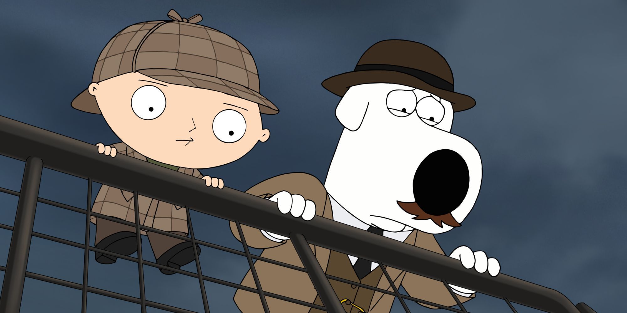 Stewie standing next to Brian both leaning over a railing and looking down in Family Guy