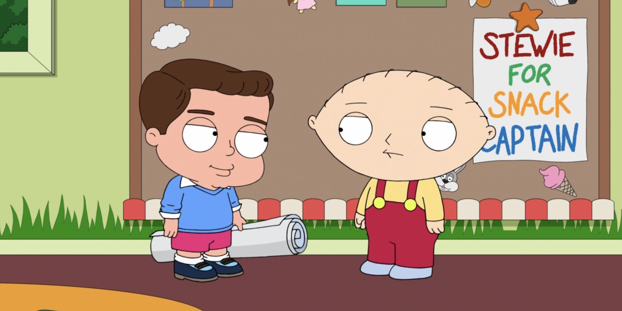 Stewie standing in front of his classmate Doug in Family Guy