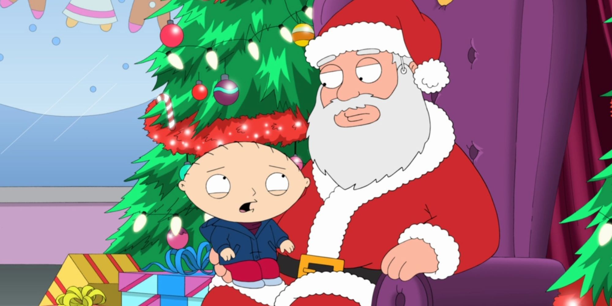 Stewie sitting on Santa Claus' lap in Family Guy