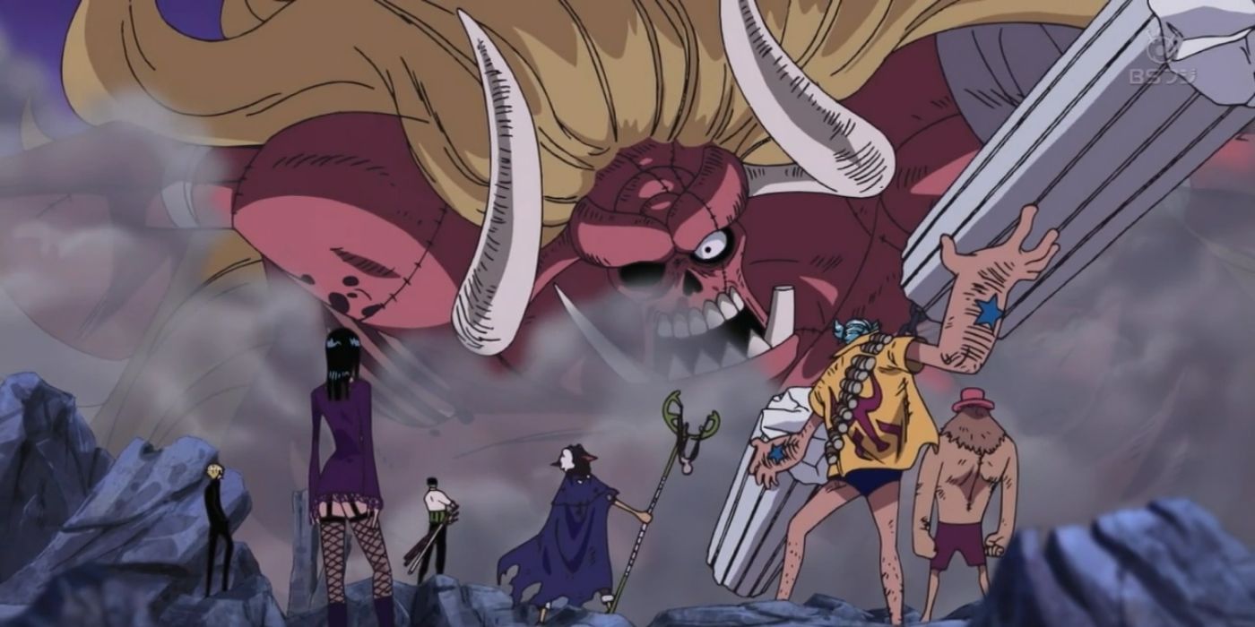 Oars lying down looking at the strawhat crew in One Piece